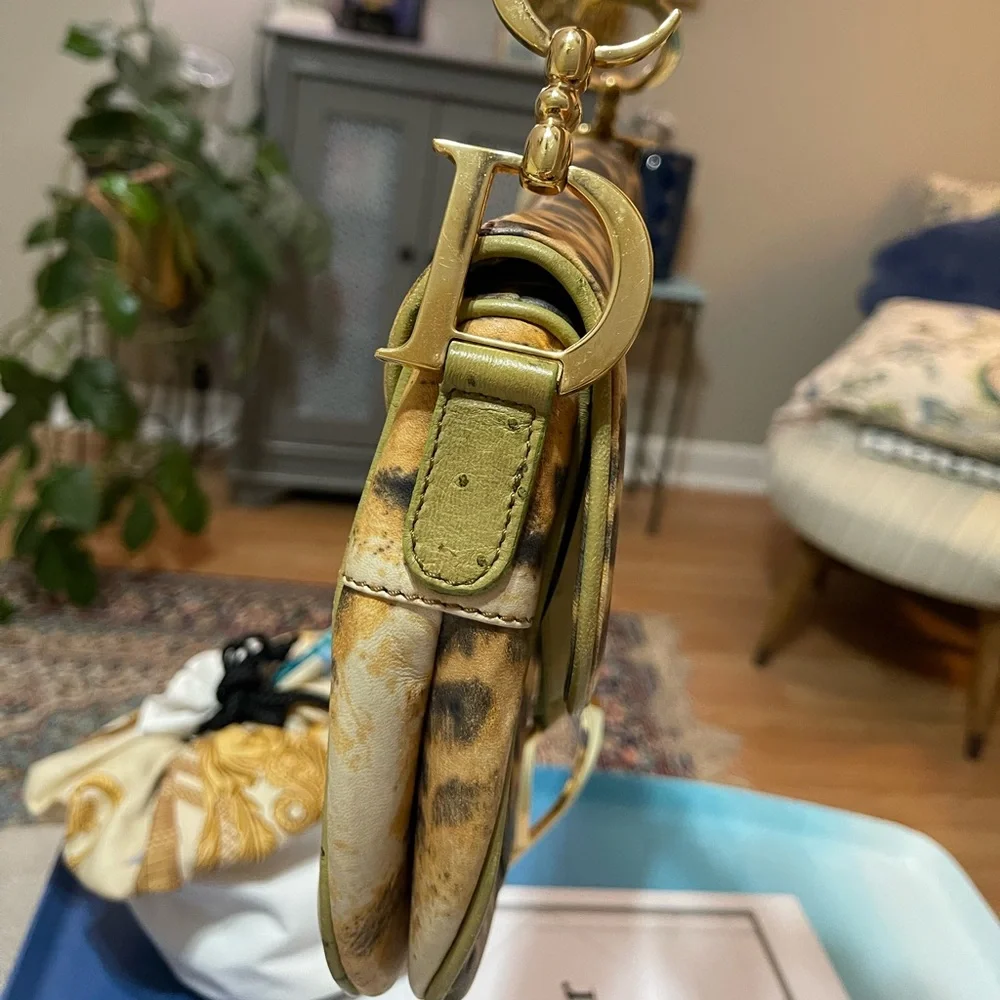 Dior Canvas & Ostrich Leather Leopard Print Saddle Bag - Picture 9 of 17